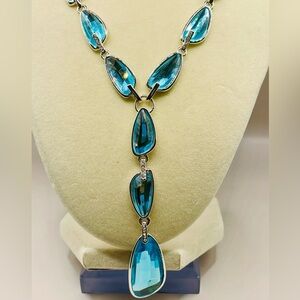 Faceted blue topaz Y collar necklace. Silver tone. 17 inches w/ 1 inch extender